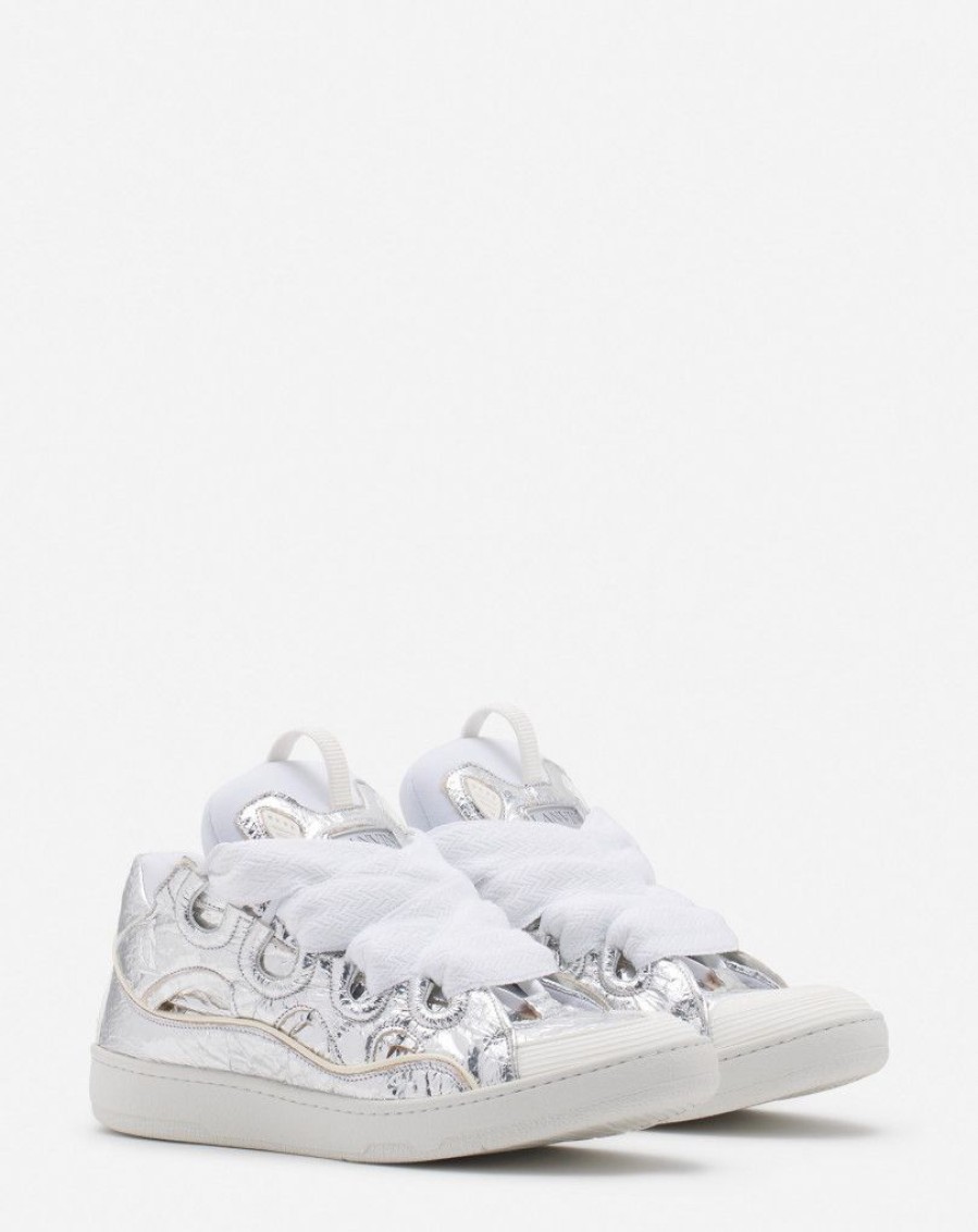 Uomini LANVIN Scarpe Da Ginnastica | Sneakers Curb In Pelle Metallizzata Scripata